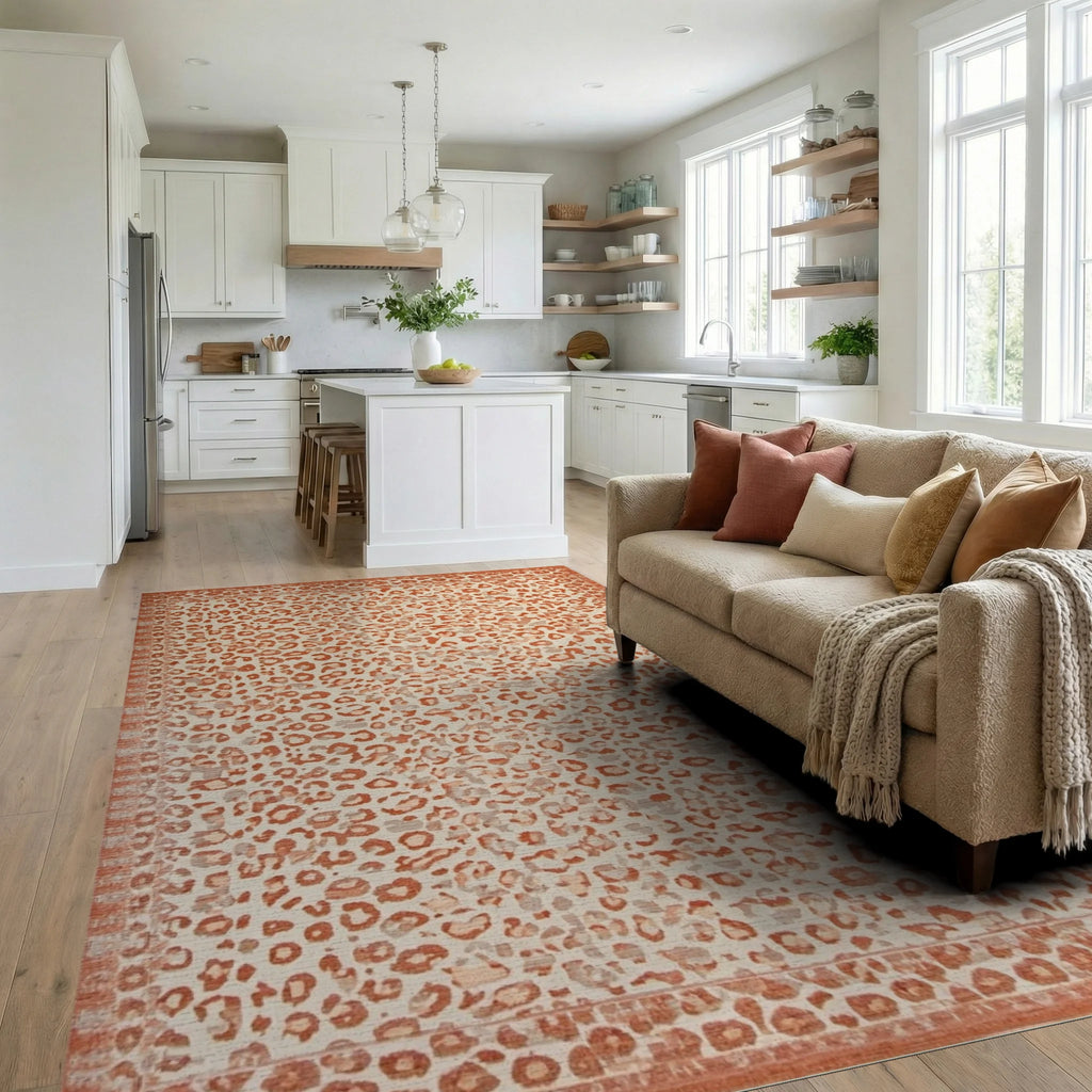Terracotta Leopard Spots Border Rug - Living Room View