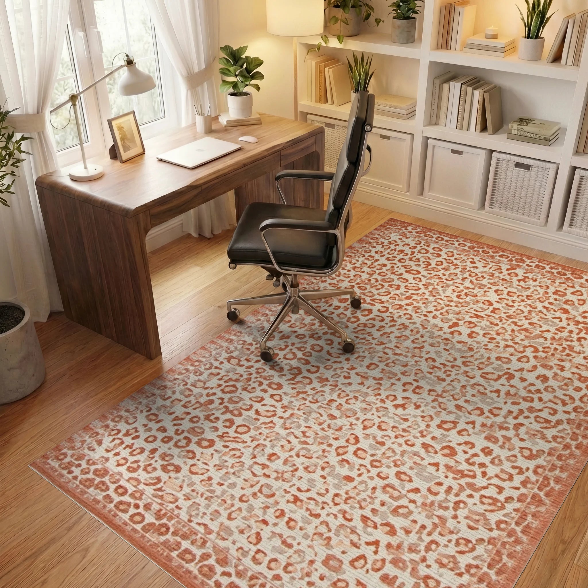 Terracotta Leopard Spots Border Rug - Office View