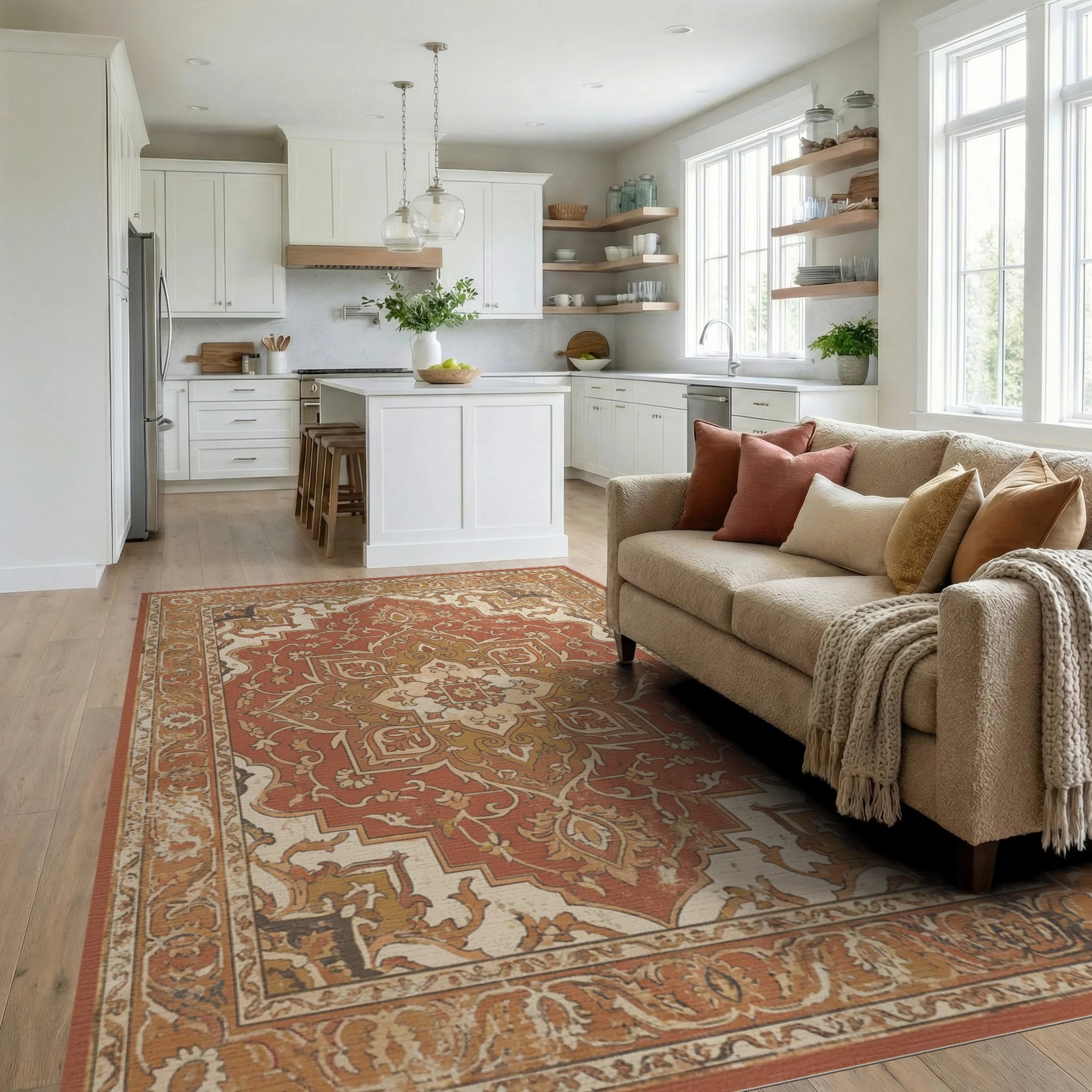 Terracotta Medallion Vintage Floral Rug Living Room View