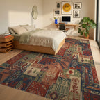 Terracotta Navy Earthy Patchwork Medallion Rug Bedroom View