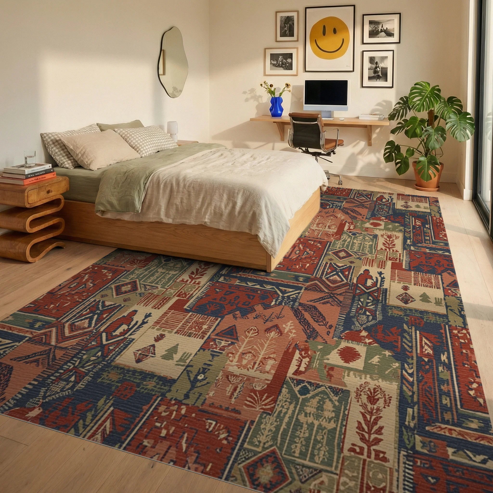 Terracotta Navy Earthy Patchwork Medallion Rug Bedroom View