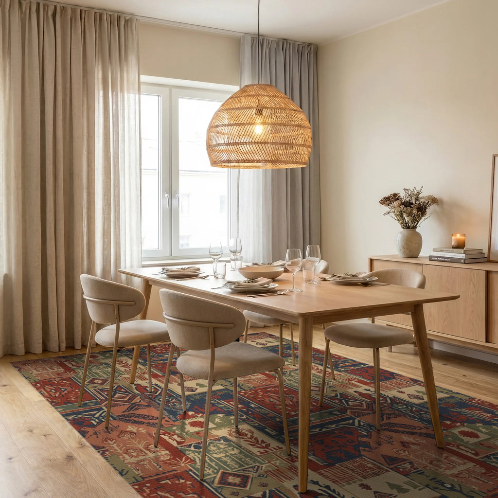 Terracotta Navy Earthy Patchwork Medallion Rug Dining Room View