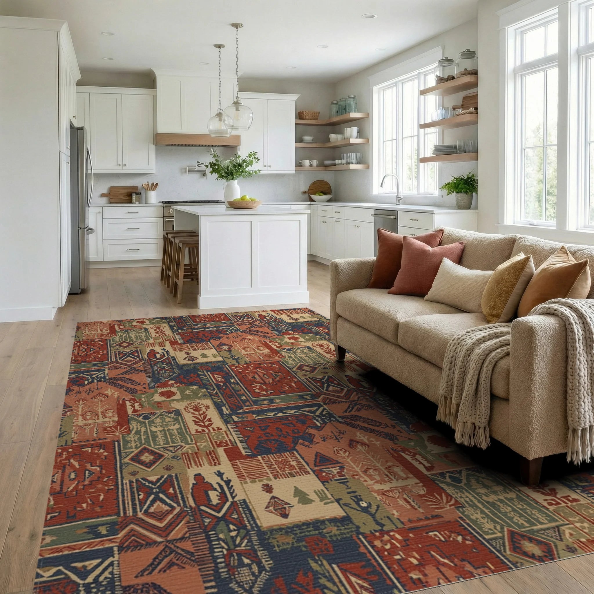 Terracotta Navy Earthy Patchwork Medallion Rug Living Room View
