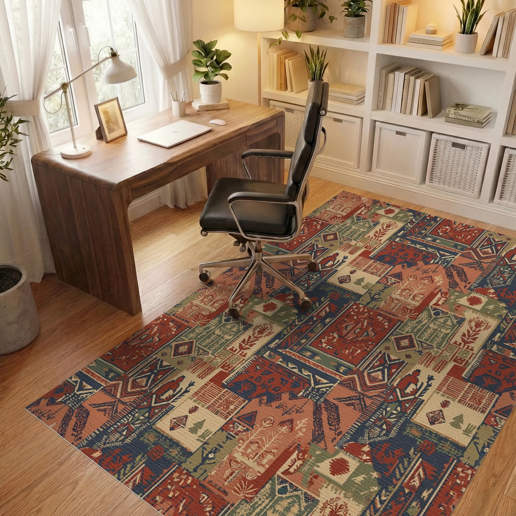 Terracotta Navy Earthy Patchwork Medallion Rug Office View
