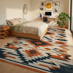Terracotta Navy Geometric Southwestern Diamond Rug - Bedroom View