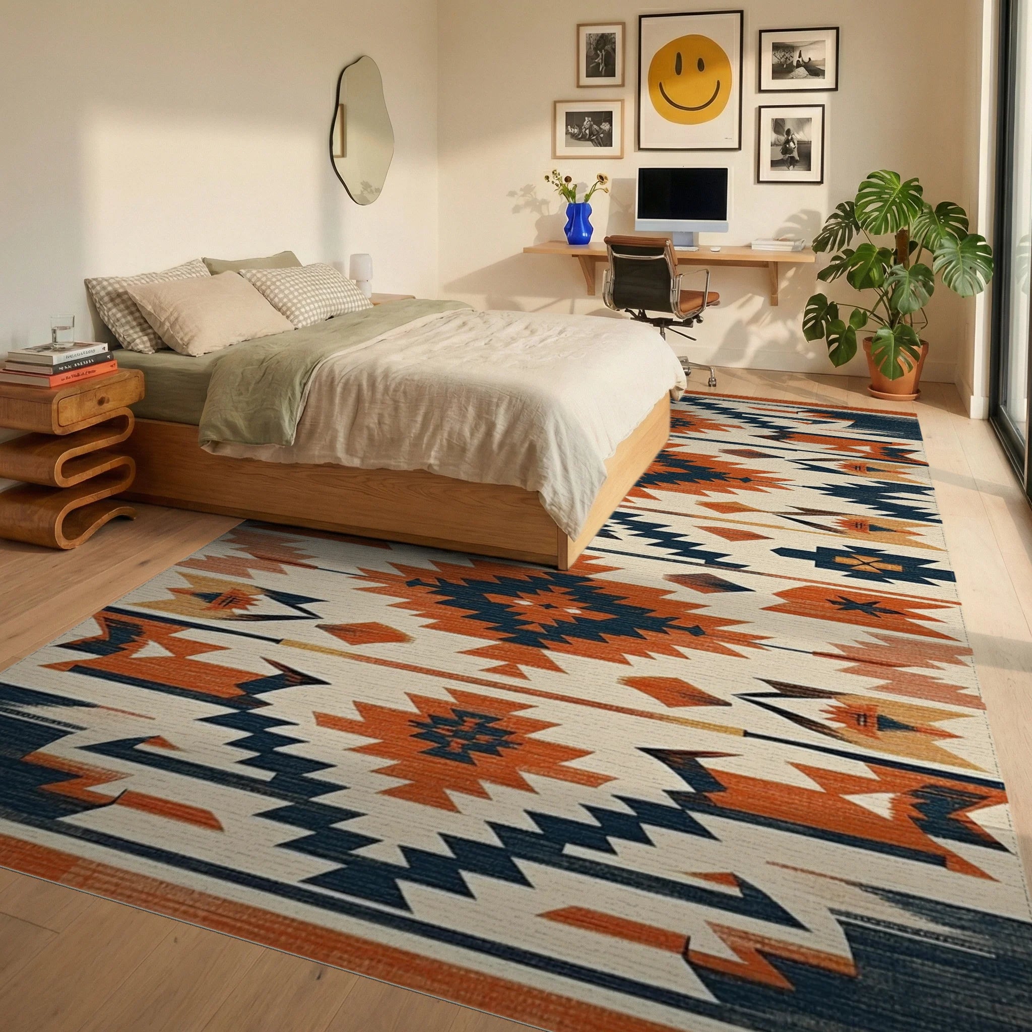 Terracotta Navy Geometric Southwestern Diamond Rug - Bedroom View