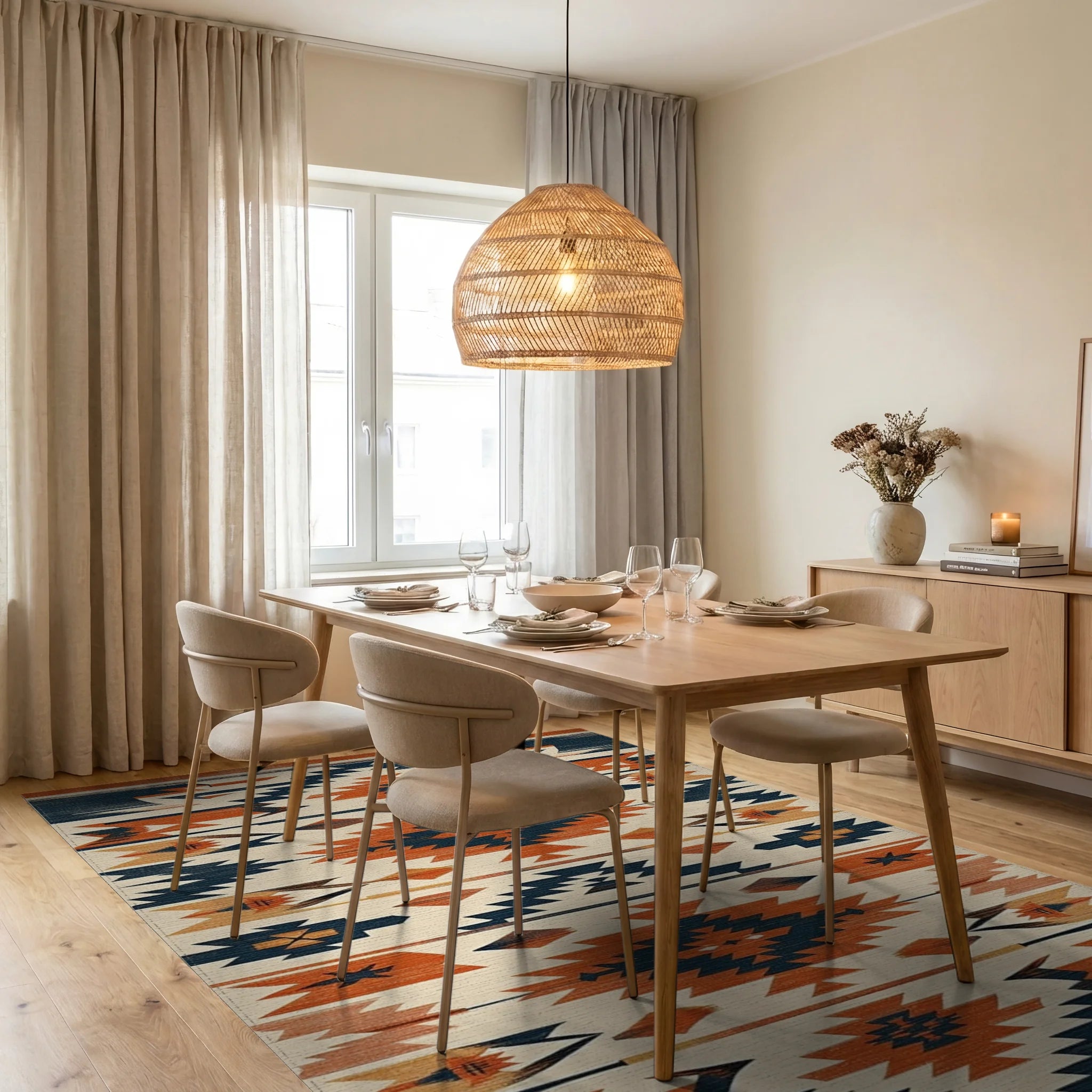 Terracotta Navy Geometric Southwestern Diamond Rug - Dining Room View