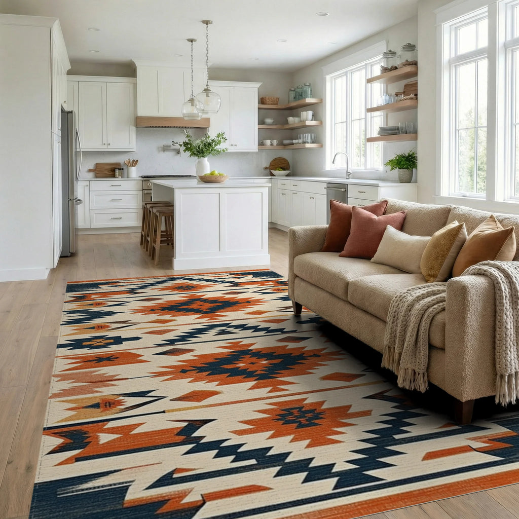 Terracotta Navy Geometric Southwestern Diamond Rug - Living Room View