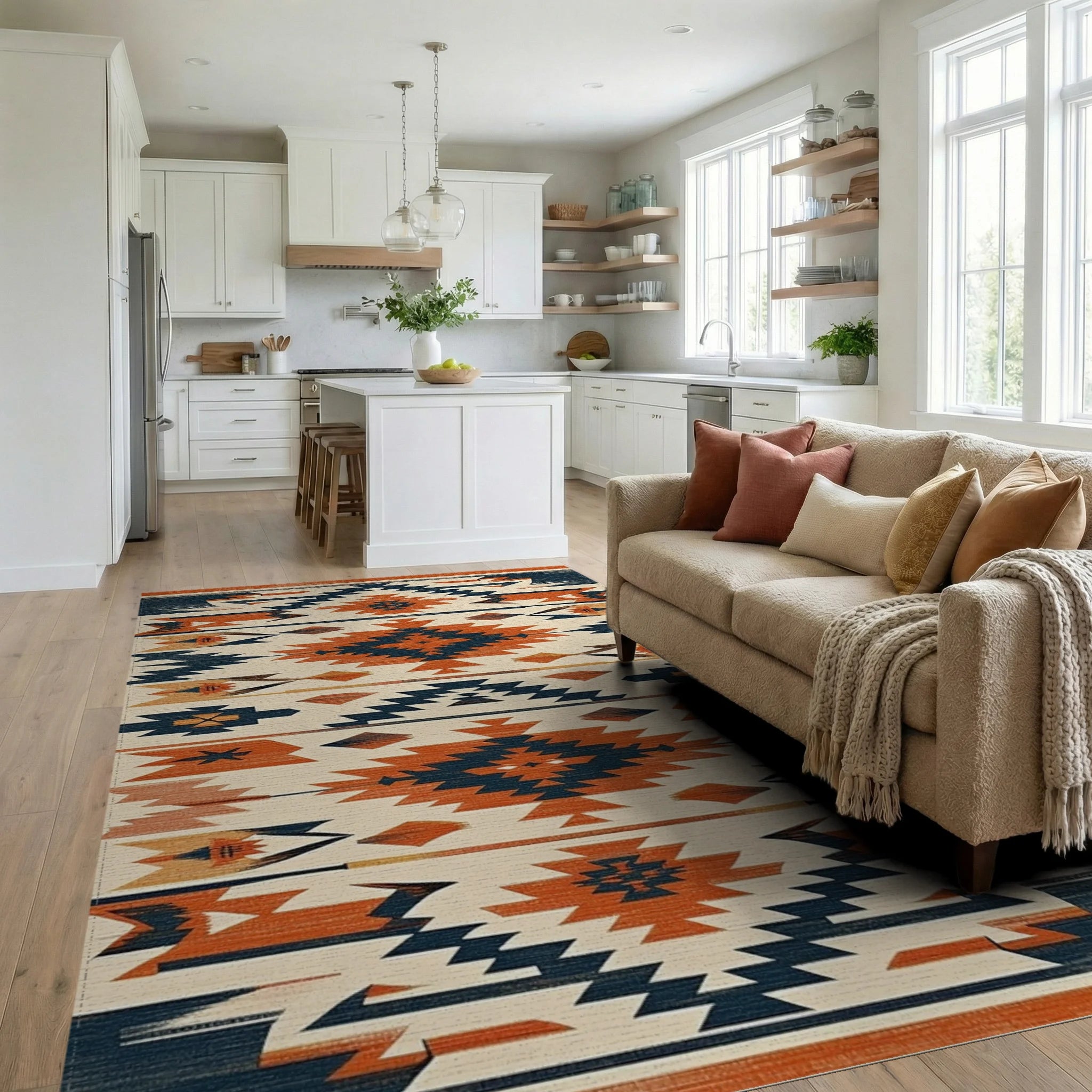 Terracotta Navy Geometric Southwestern Diamond Rug - Living Room View