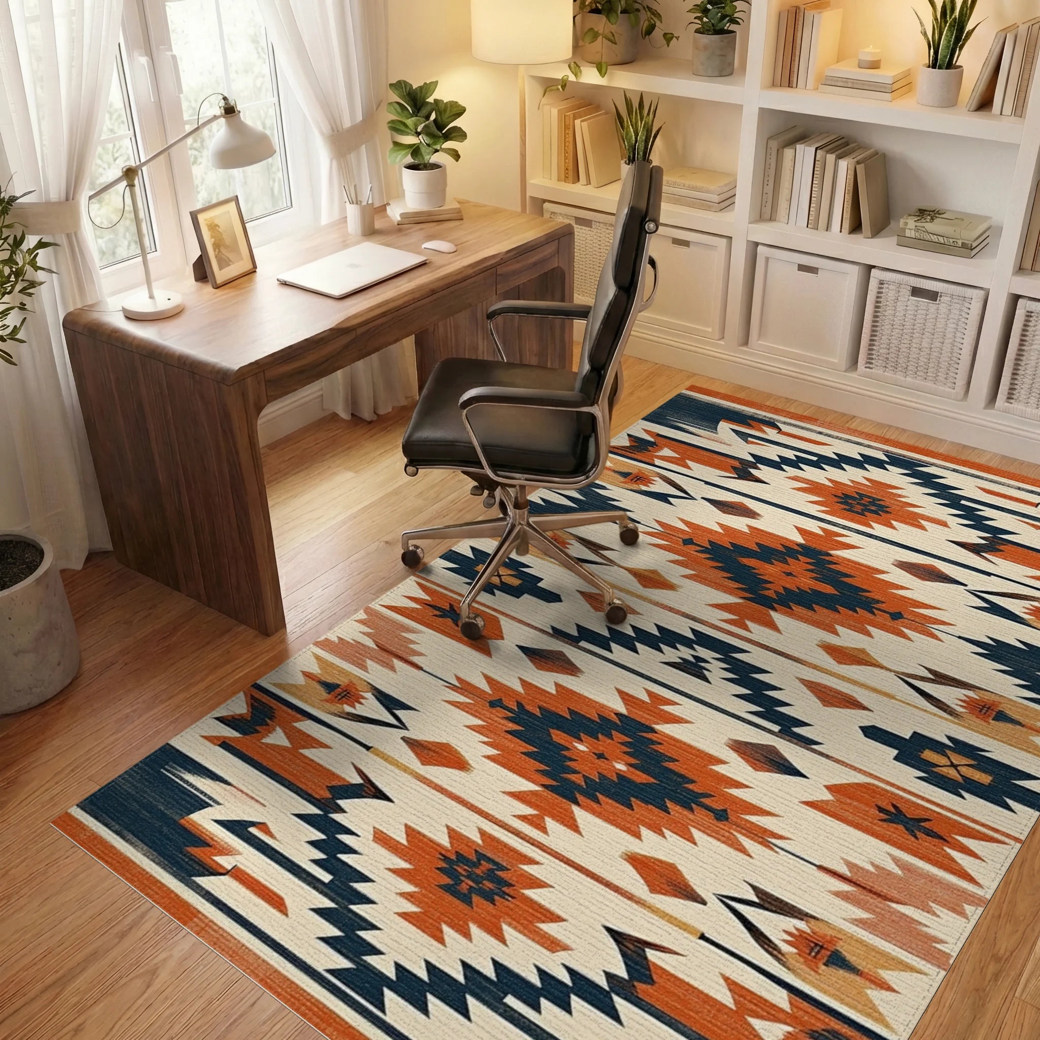 Terracotta Navy Geometric Southwestern Diamond Rug - Office View