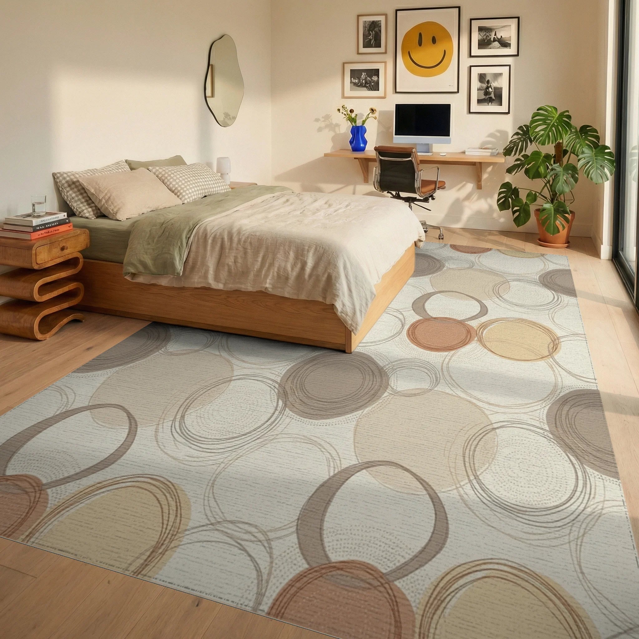 Terracotta Ochre Gray Circle Overlap Rug Bedroom View