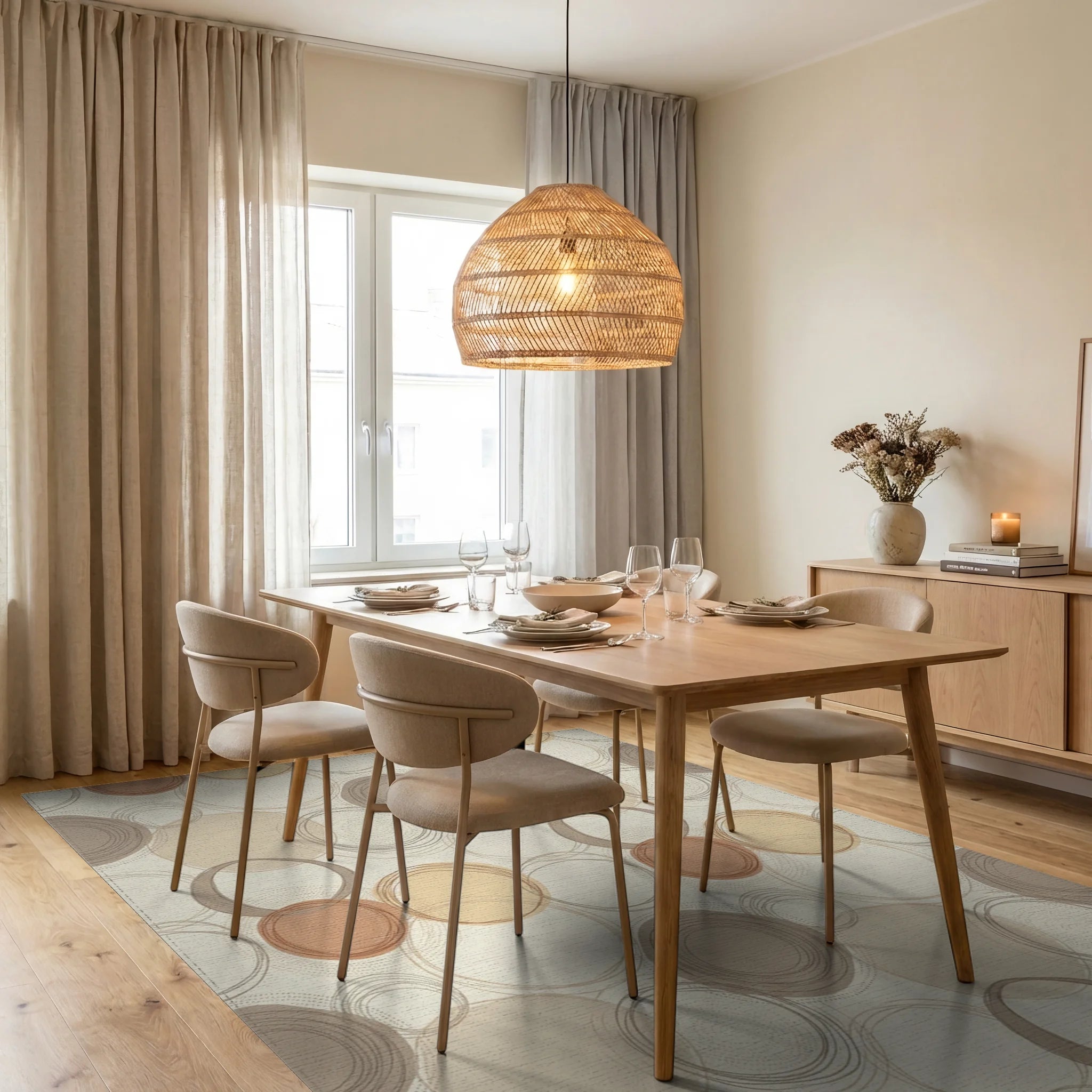 Terracotta Ochre Gray Circle Overlap Rug Dining Room View