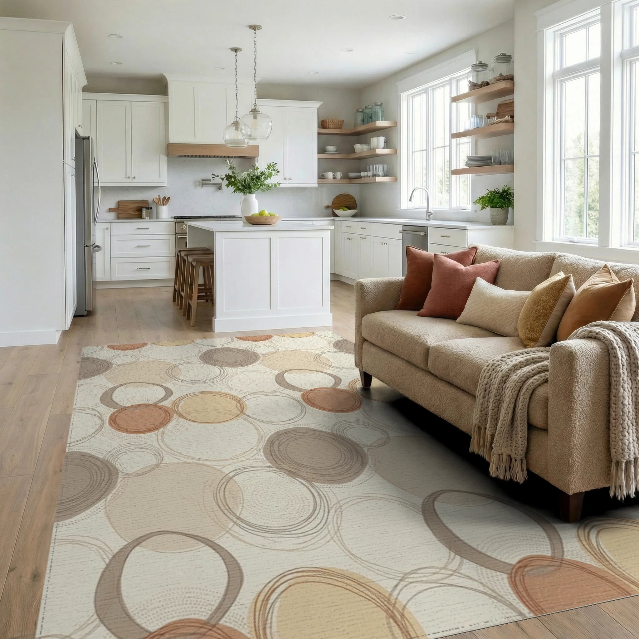 Terracotta Ochre Gray Circle Overlap Rug Living Room View