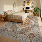 Terracotta Ochre Medallion Floral Rug Bedroom View