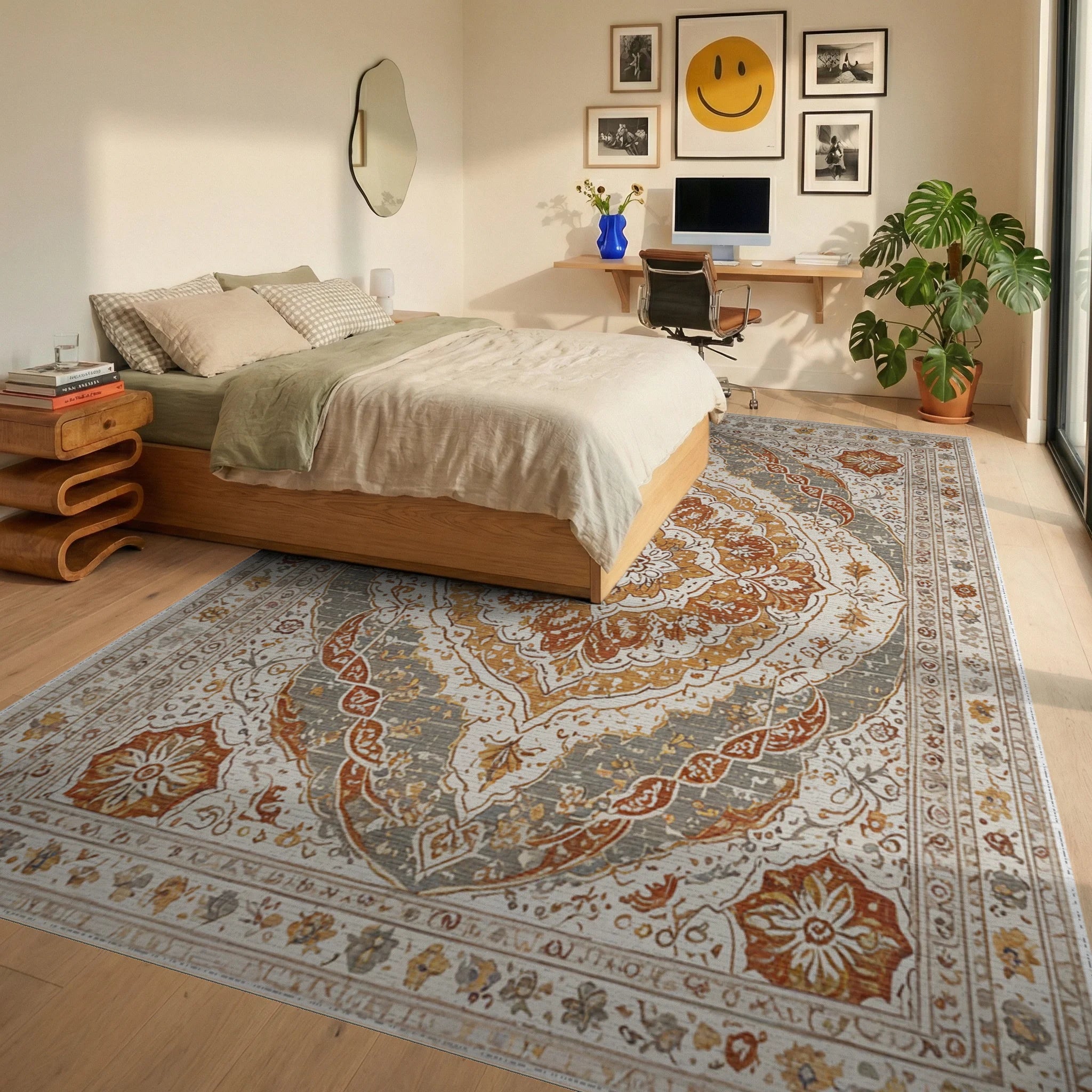 Terracotta Ochre Medallion Floral Rug Bedroom View