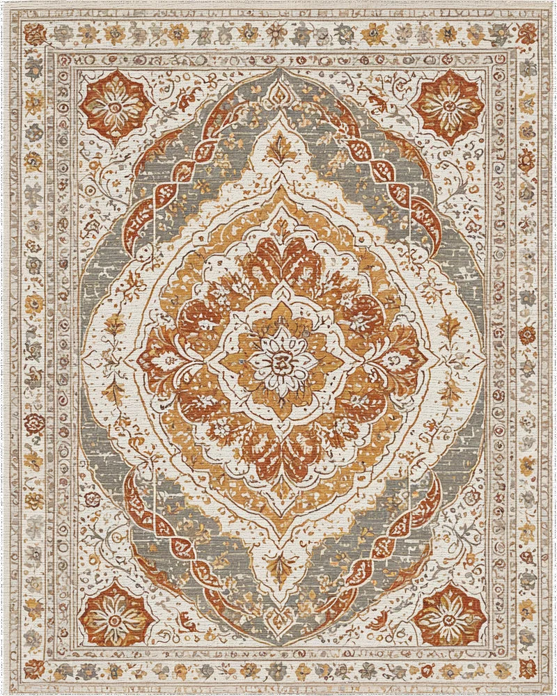 Terracotta Ochre Medallion Floral Rug - Cutout View