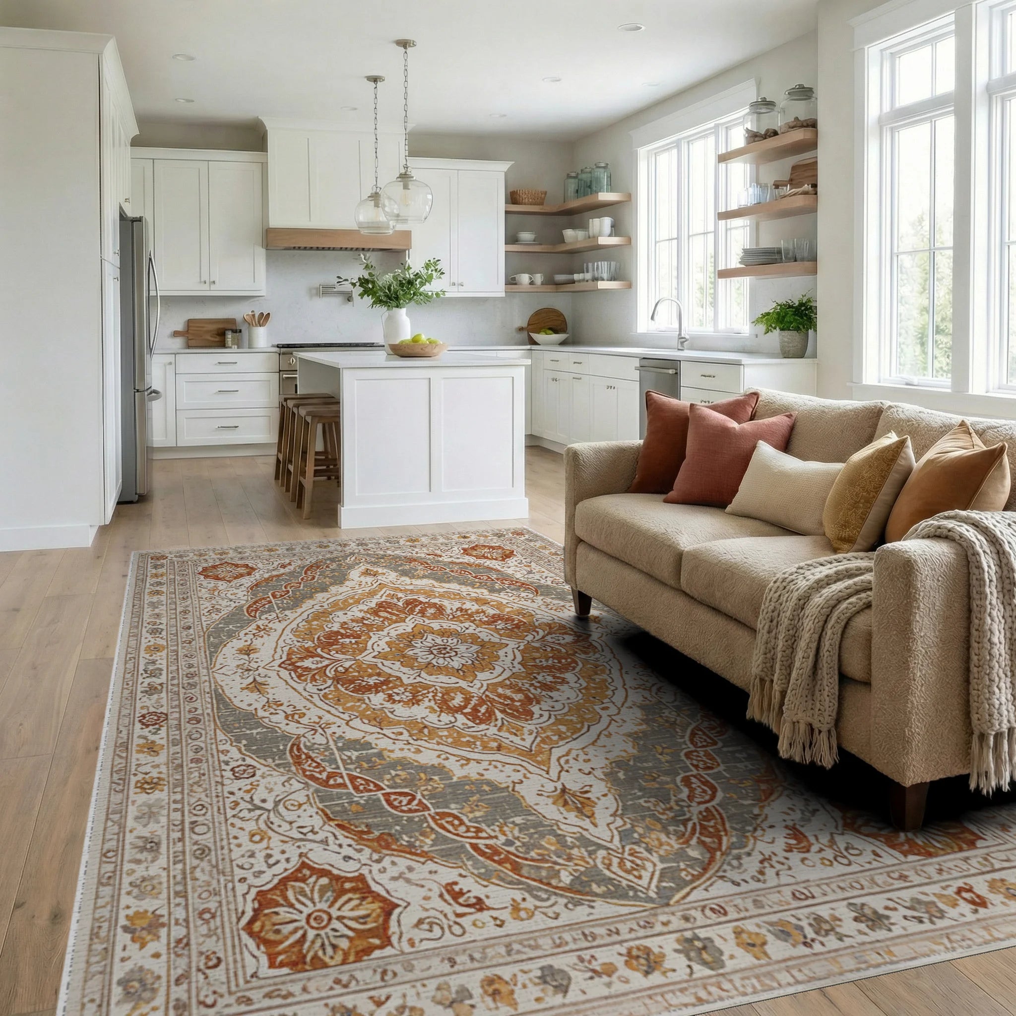 Terracotta Ochre Medallion Floral Rug Living Room View