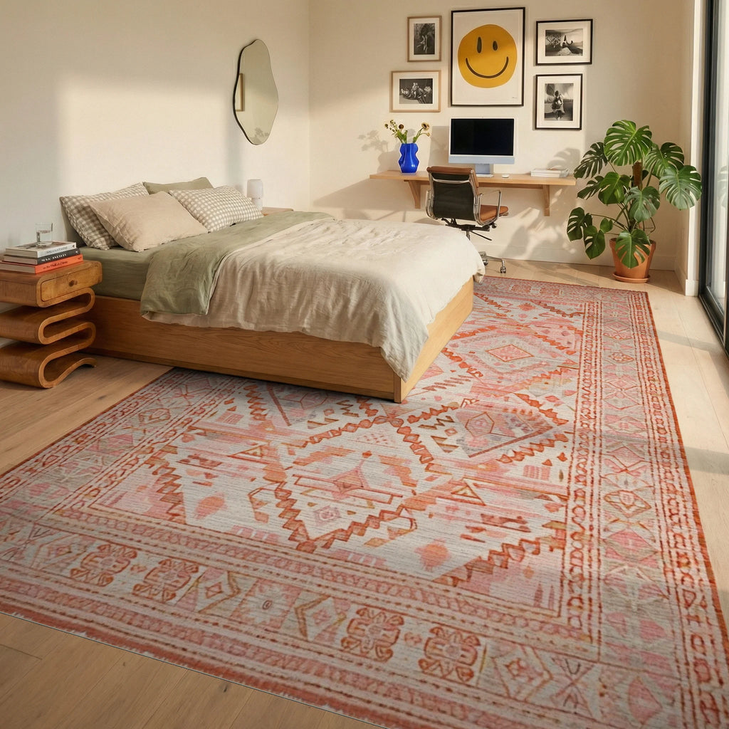 Terracotta Orange Geometric Diamond Rug - Bedroom View
