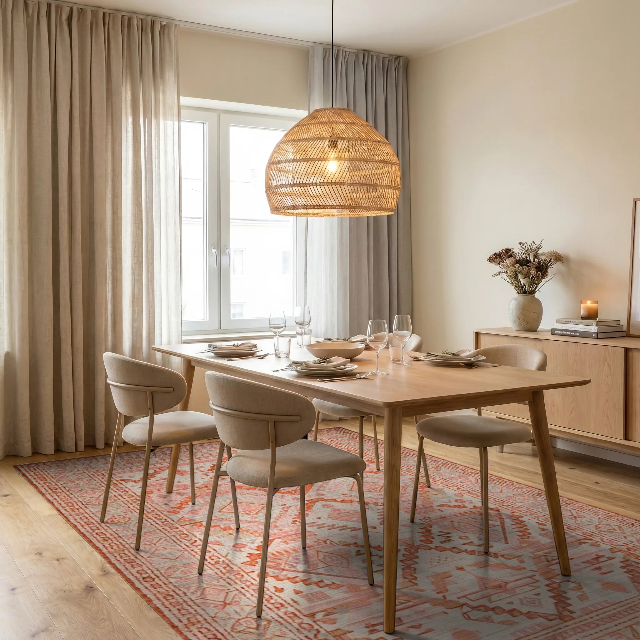 Terracotta Orange Geometric Diamond Rug - Dining Room View