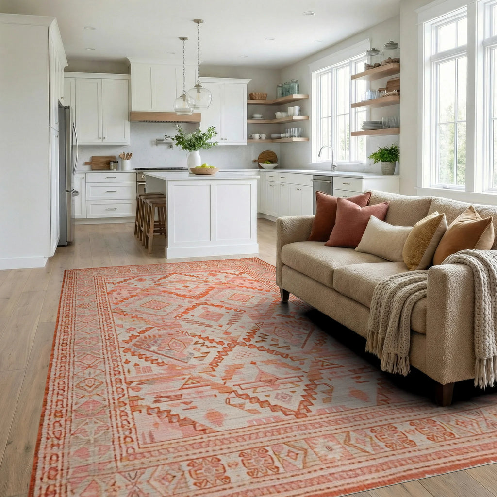 Terracotta Orange Geometric Diamond Rug - Living Room View