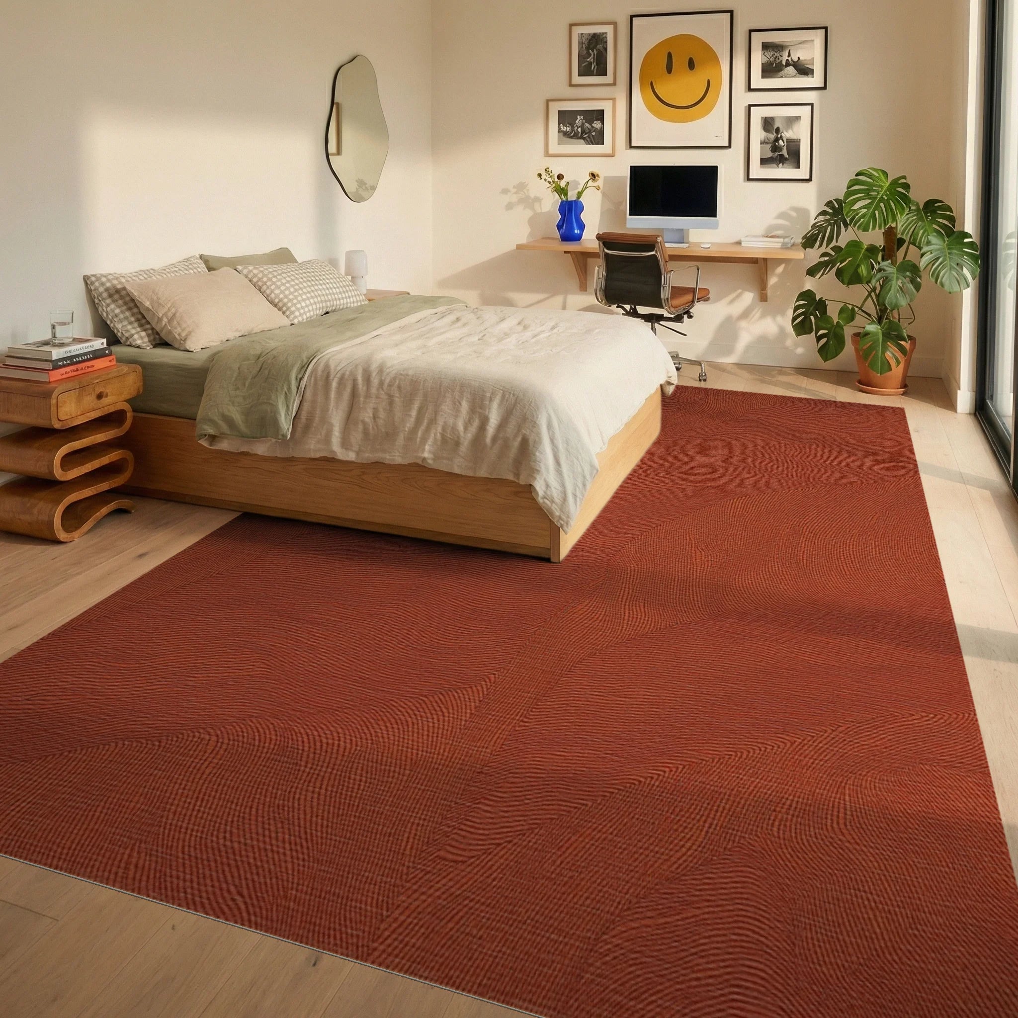 Terracotta Organic Contour Lines Rug Bedroom View