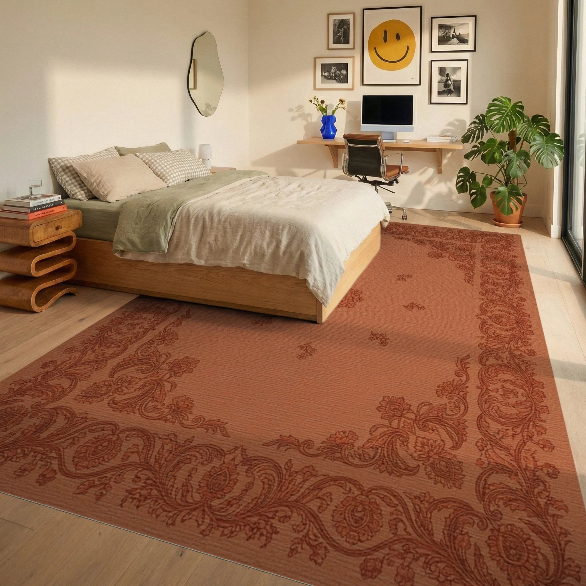 Terracotta Paisley Medallion Border Rug Bedroom View