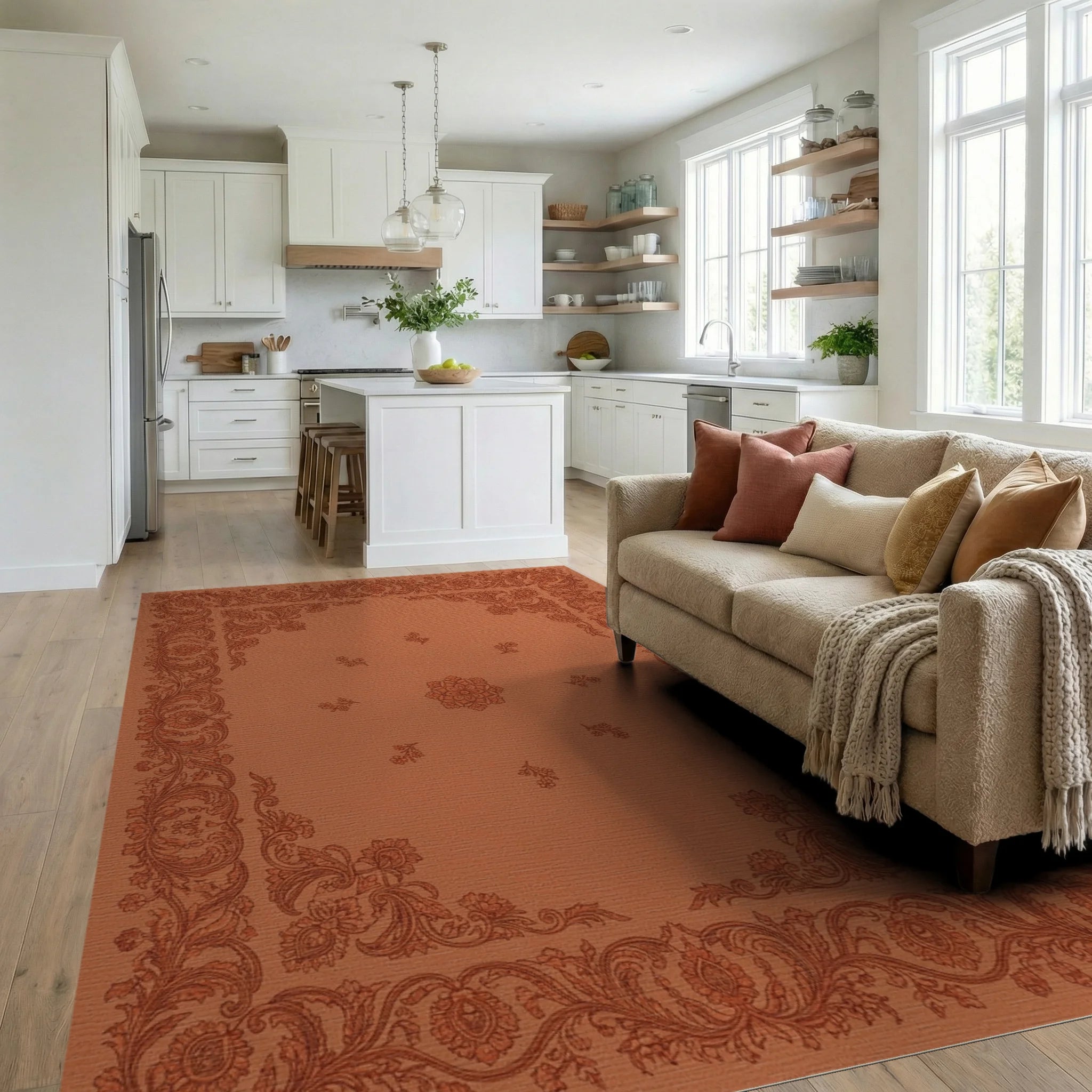 Terracotta Paisley Medallion Border Rug Living Room View