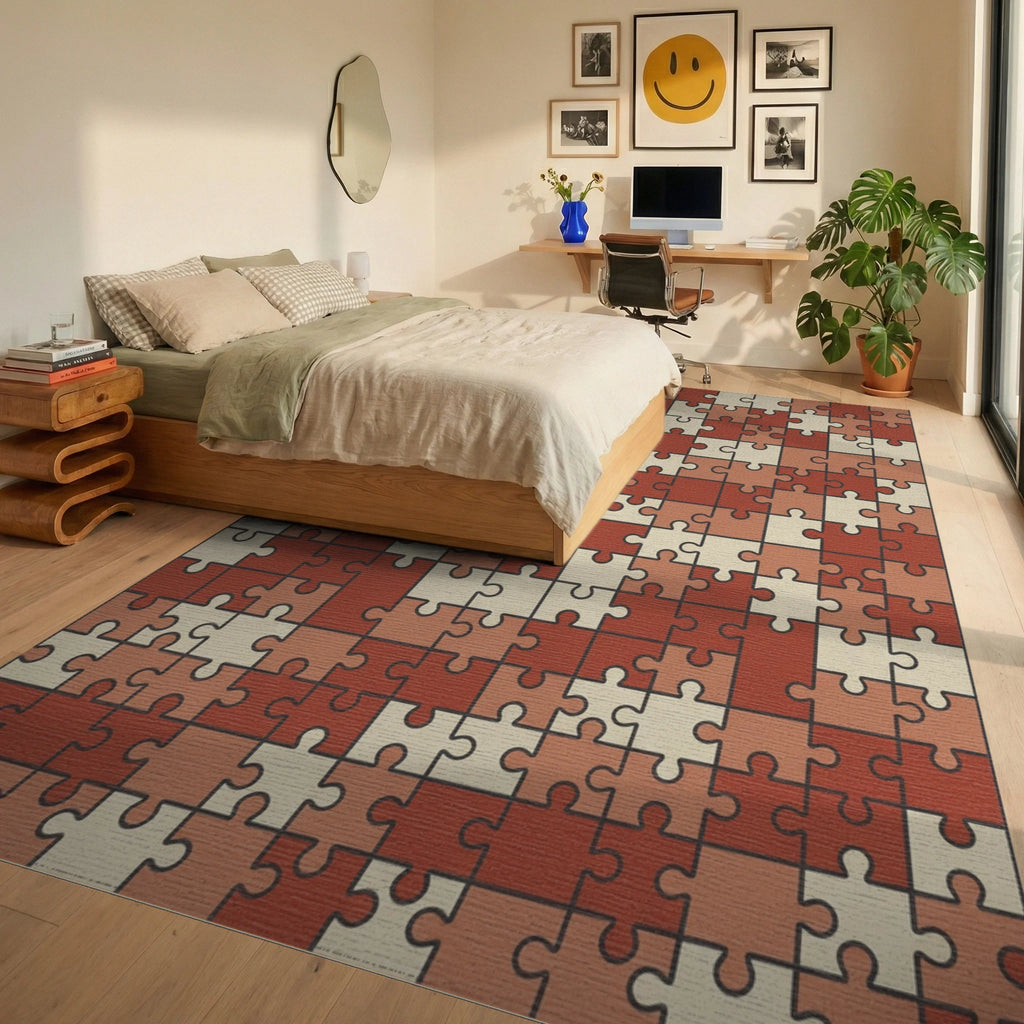 Terracotta Puzzle Piece Collage Rug Bedroom View