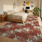 Terracotta Puzzle Piece Collage Rug Bedroom View