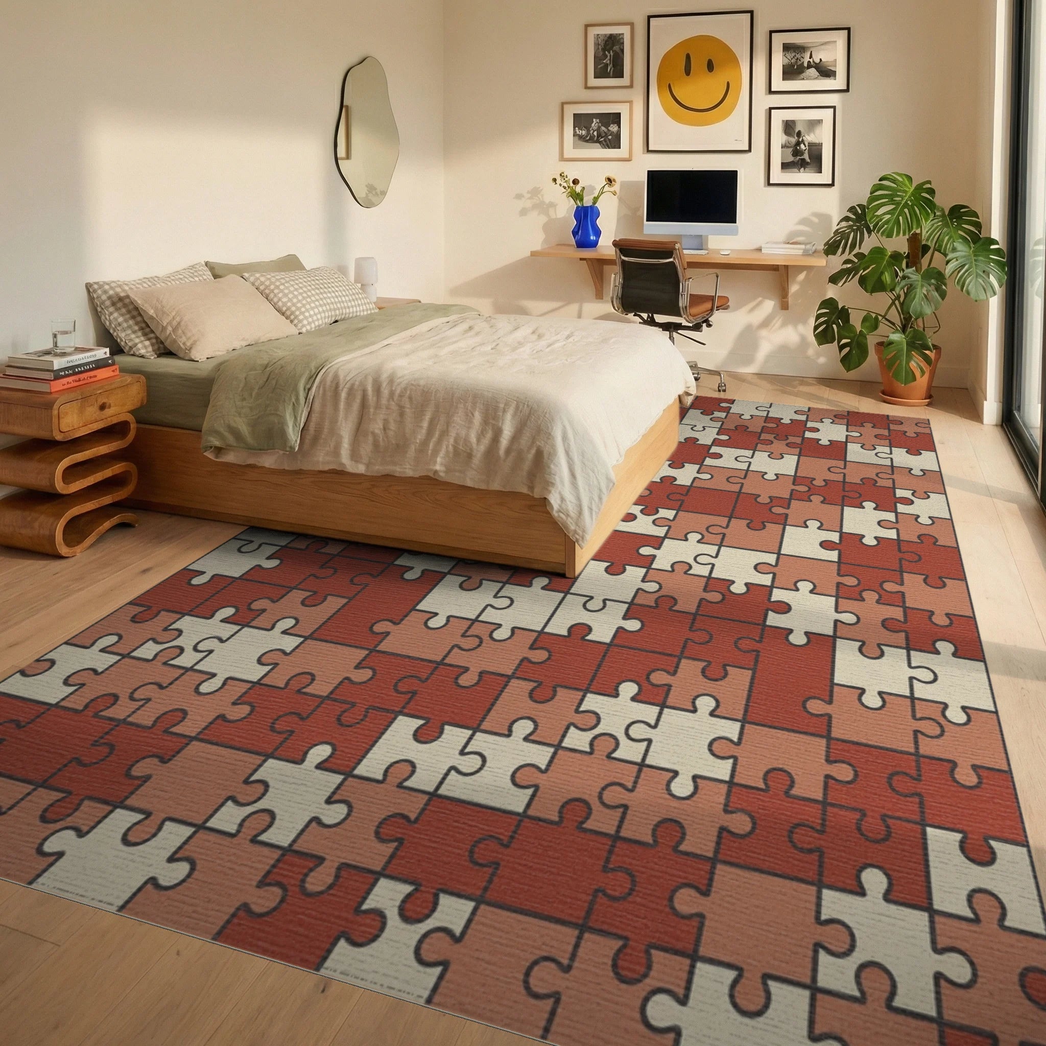 Terracotta Puzzle Piece Collage Rug Bedroom View
