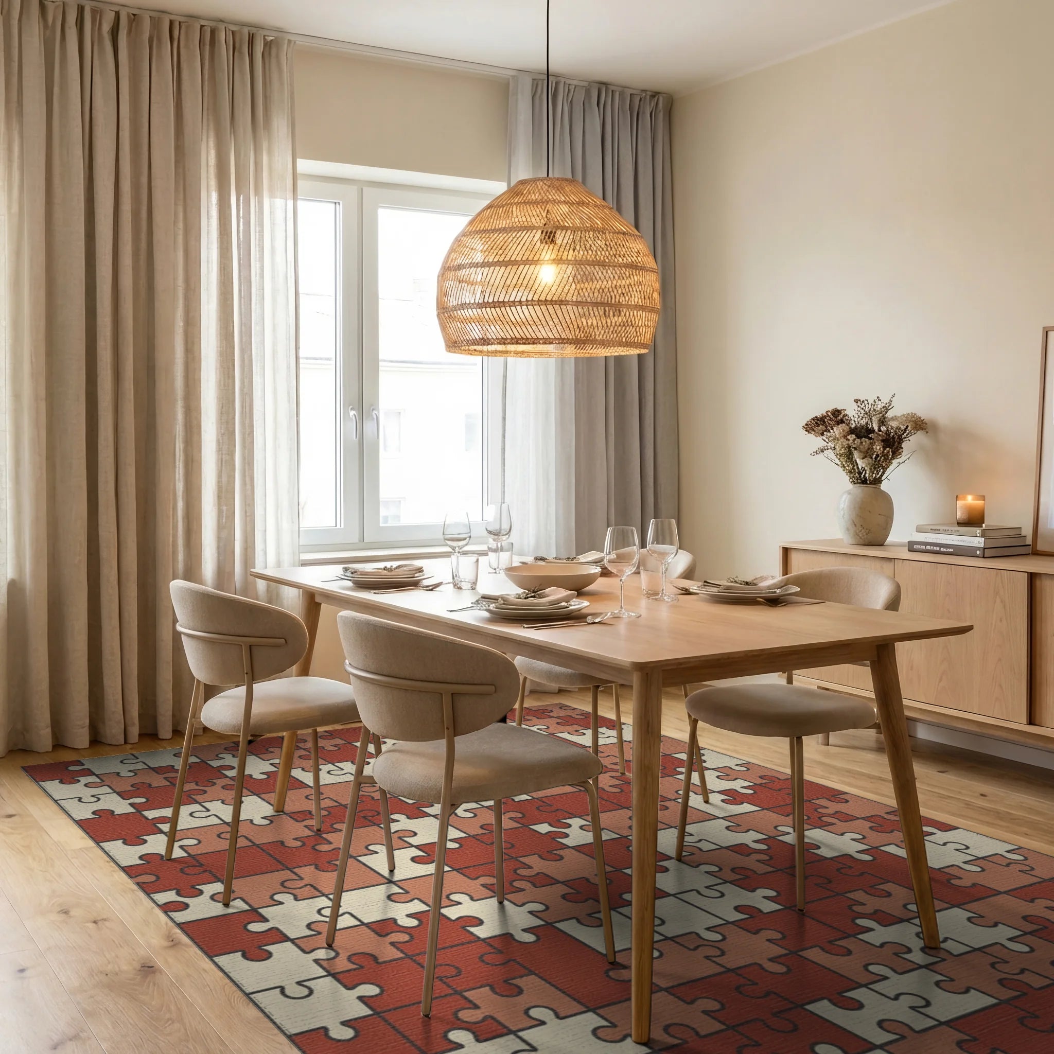 Terracotta Puzzle Piece Collage Rug Dining Room View