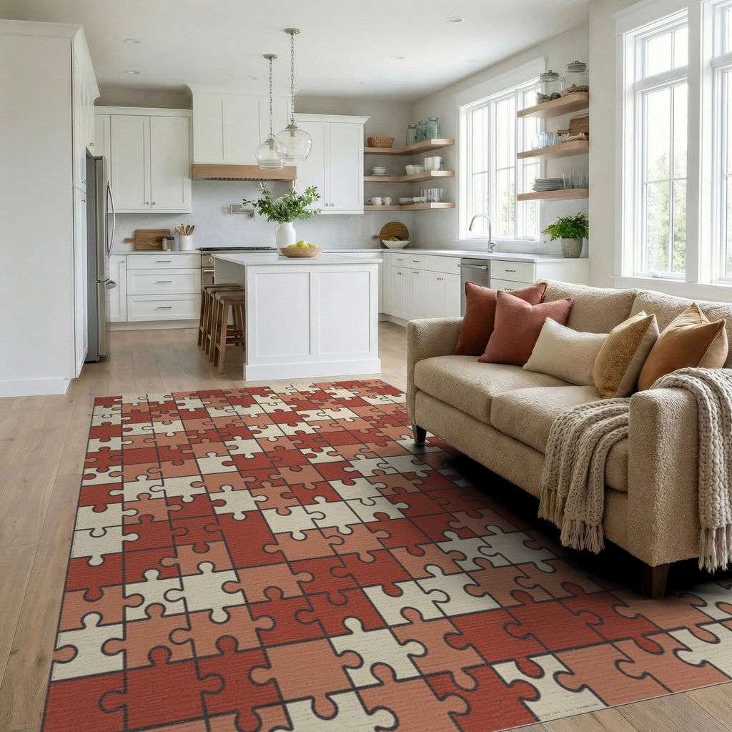 Terracotta Puzzle Piece Collage Rug Living Room View