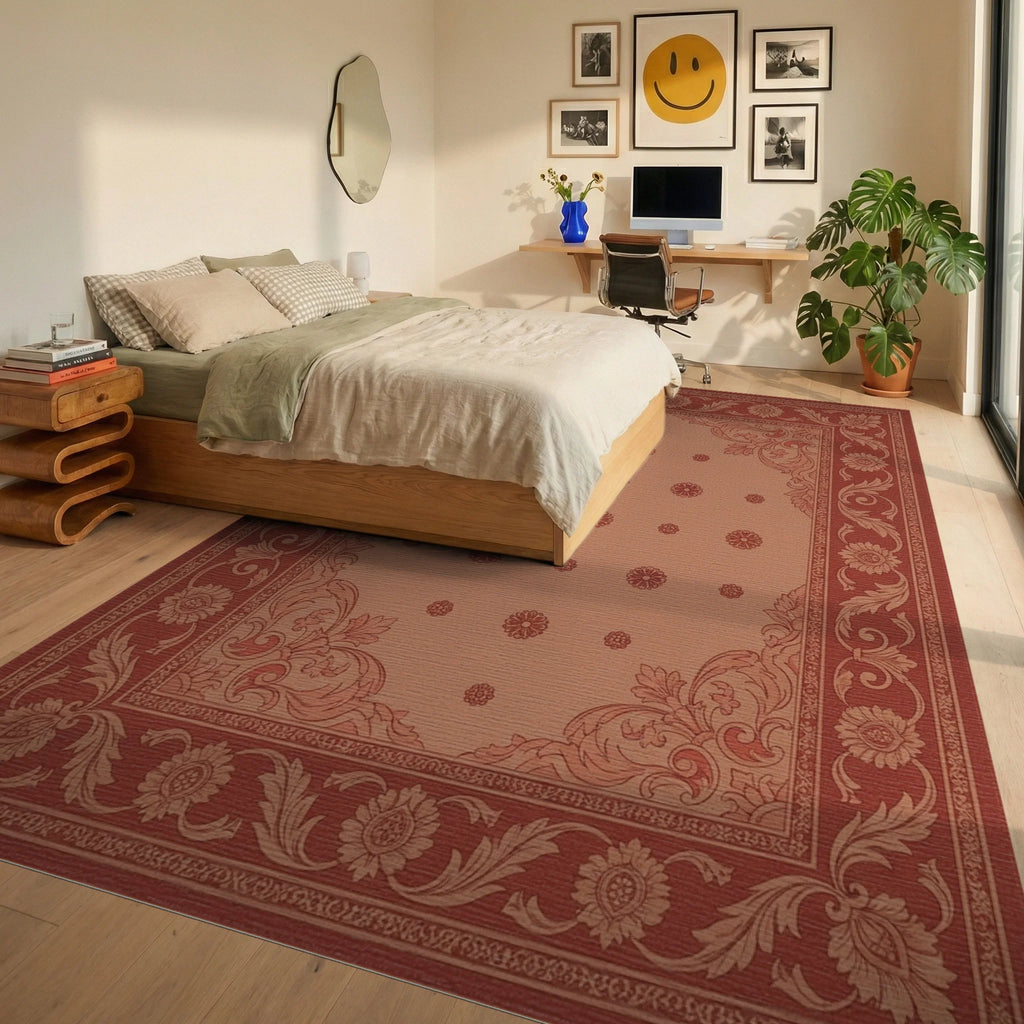 Terracotta Red Floral Scroll Border Rug Bedroom View