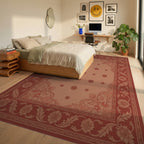 Terracotta Red Floral Scroll Border Rug Bedroom View