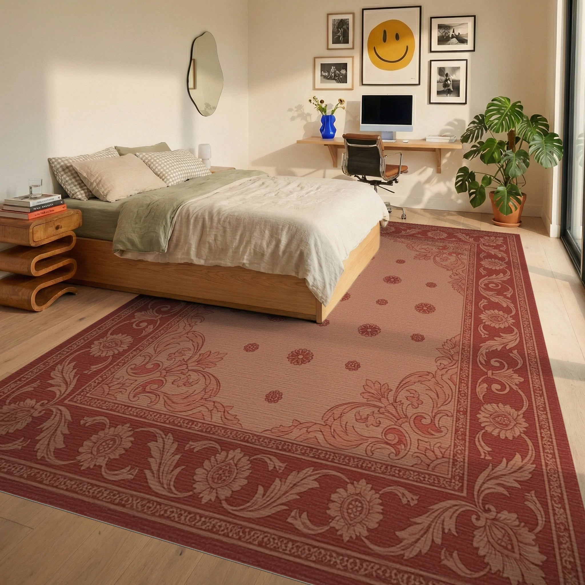 Terracotta Red Floral Scroll Border Rug Bedroom View