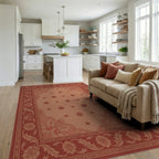 Terracotta Red Floral Scroll Border Rug Living Room View