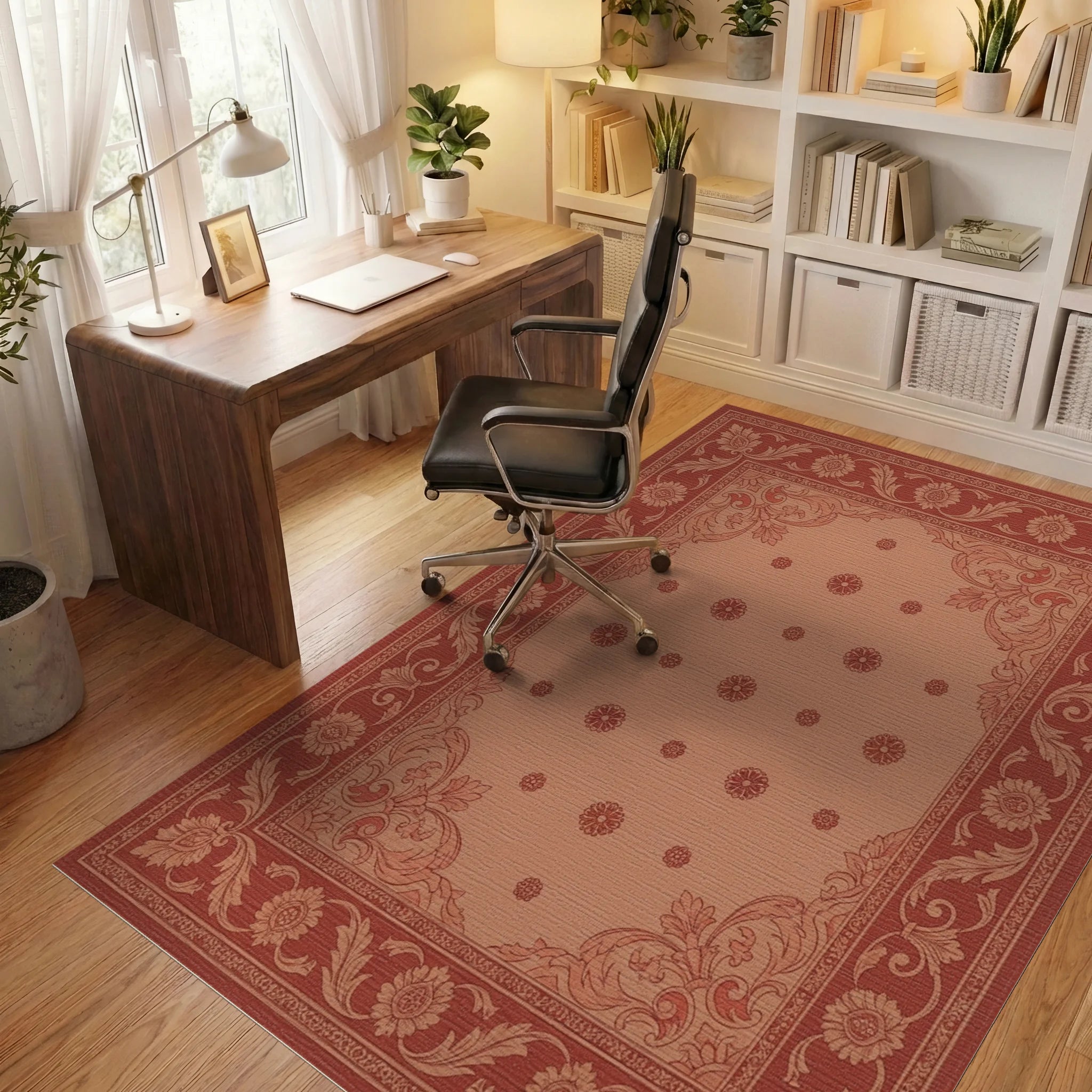 Terracotta Red Floral Scroll Border Rug Office View