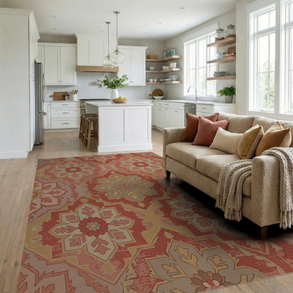 Terracotta Red Medallion Fragment Collage Rug Living Room View
