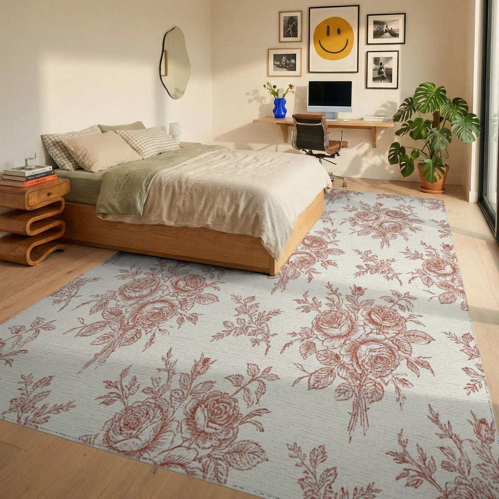 Terracotta Rose Bouquet Toile Rug Bedroom View