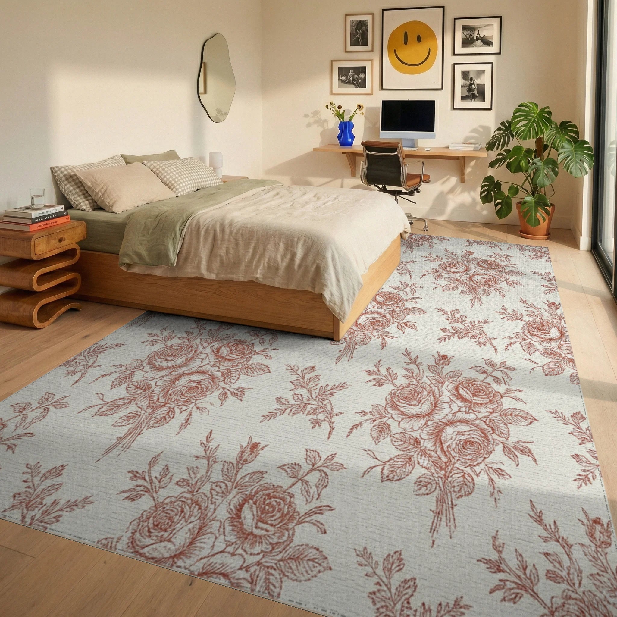 Terracotta Rose Bouquet Toile Rug Bedroom View