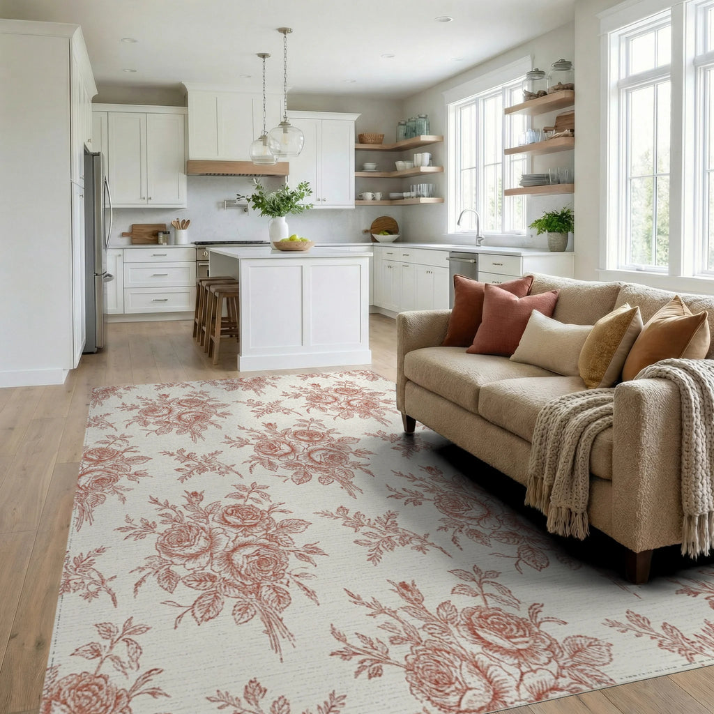 Terracotta Rose Bouquet Toile Rug Living Room View