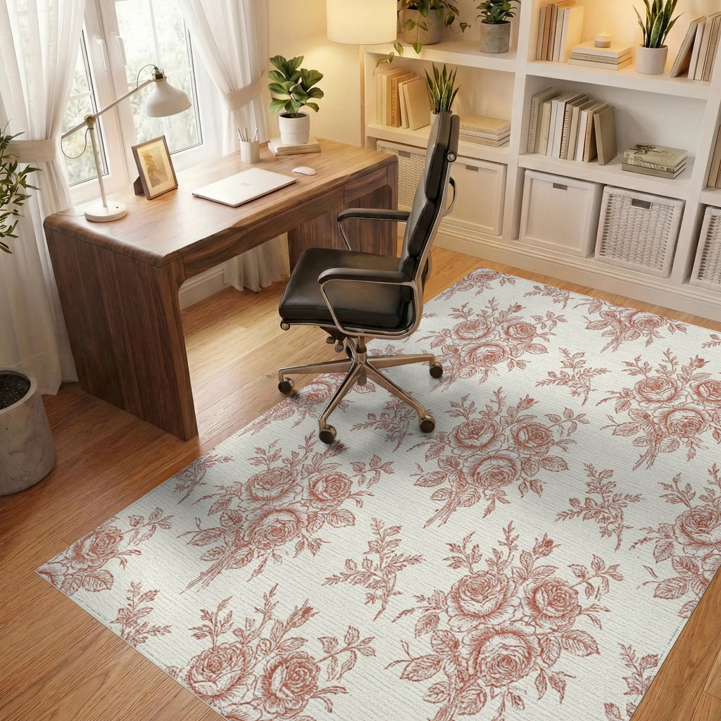 Terracotta Rose Bouquet Toile Rug Office View