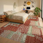 Terracotta Sage Geometric Patchwork Rug Bedroom View