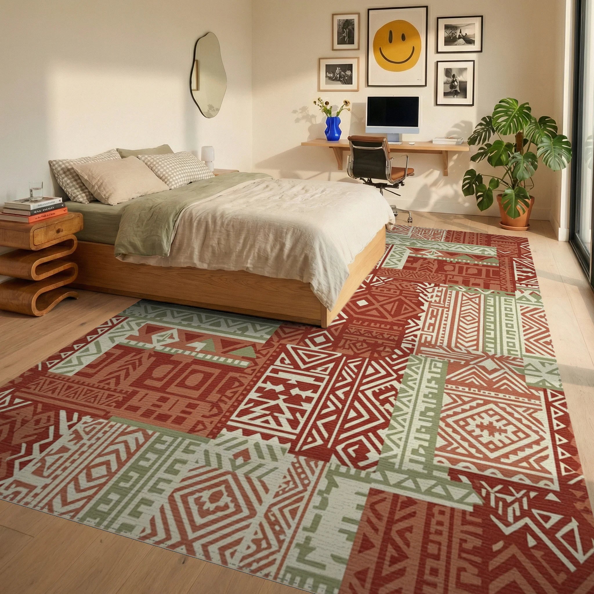 Terracotta Sage Geometric Patchwork Rug Bedroom View