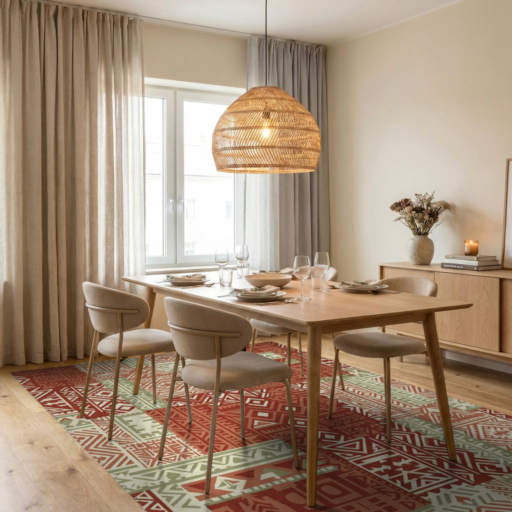 Terracotta Sage Geometric Patchwork Rug Dining Room View