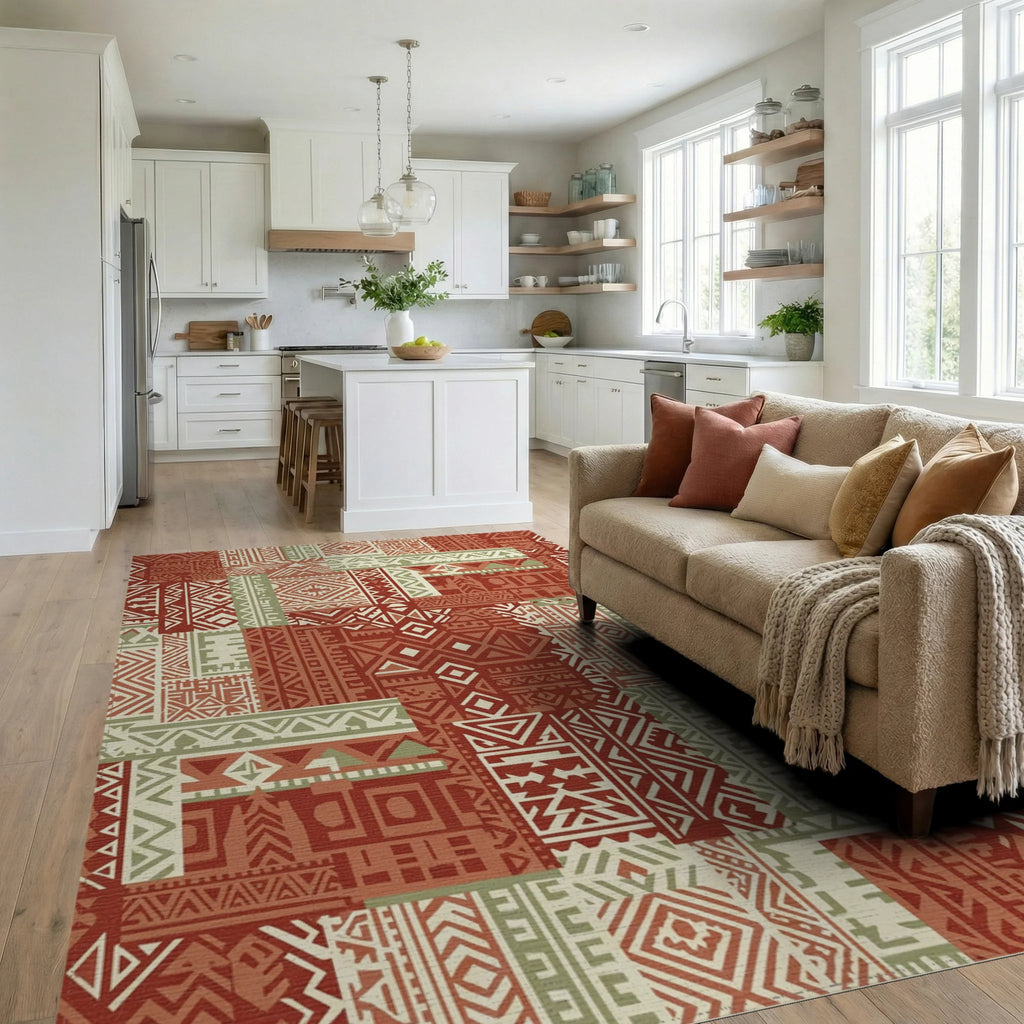 Terracotta Sage Geometric Patchwork Rug Living Room View