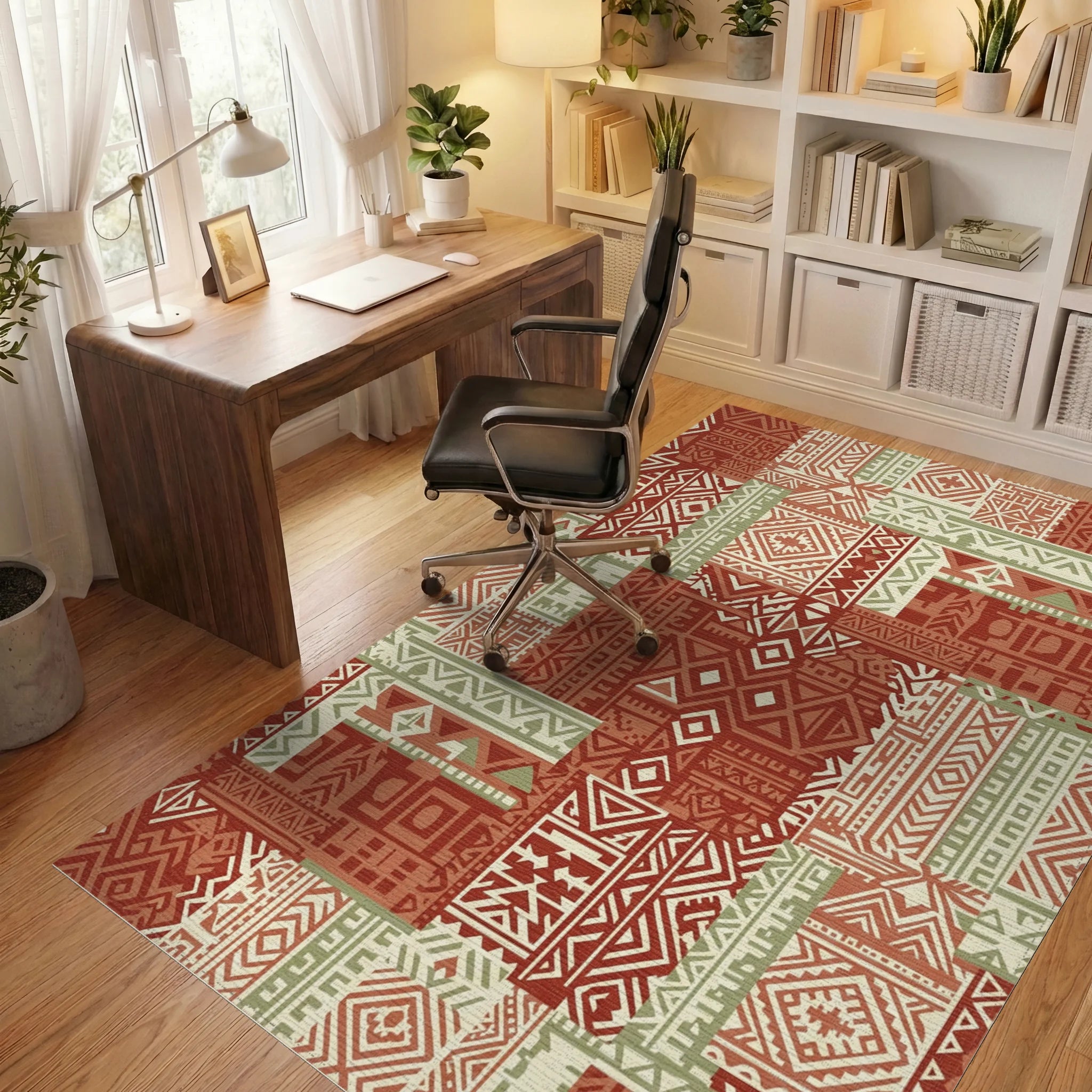 Terracotta Sage Geometric Patchwork Rug Office View