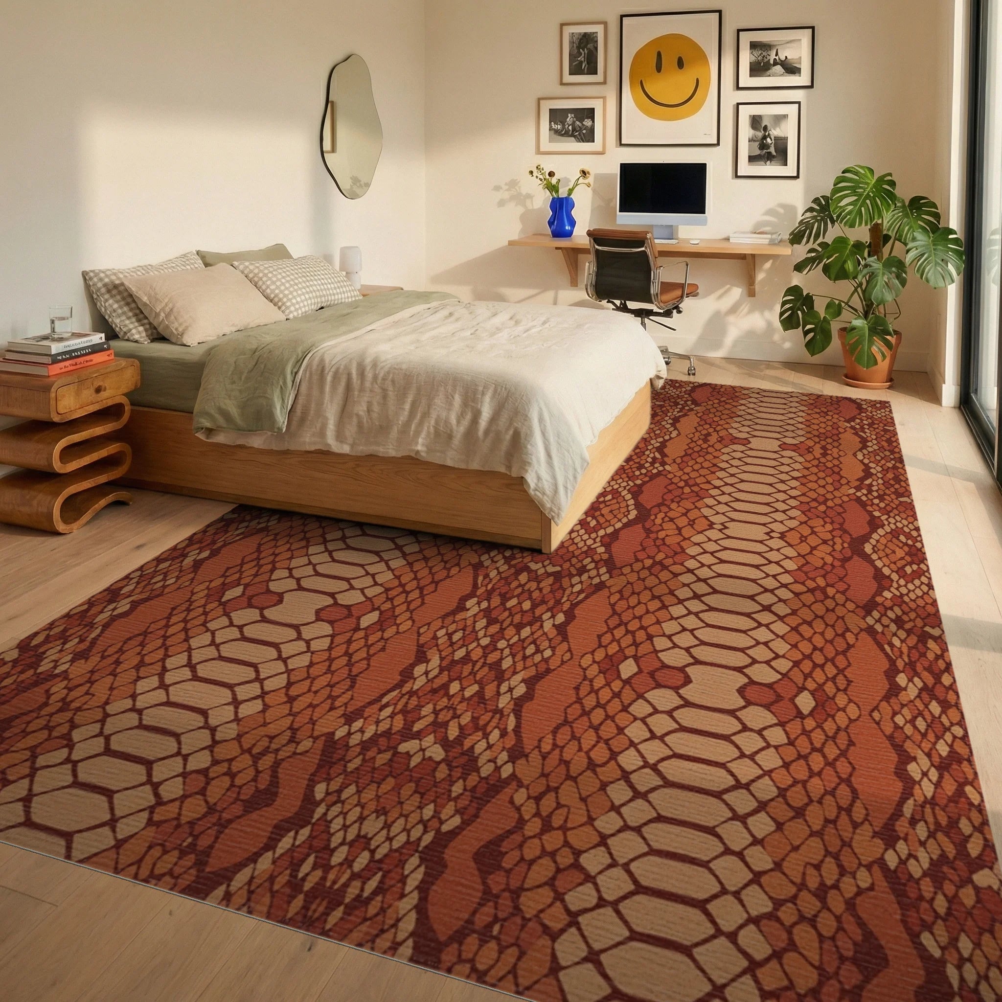 Terracotta Snake Scale Imprint Rug Bedroom View