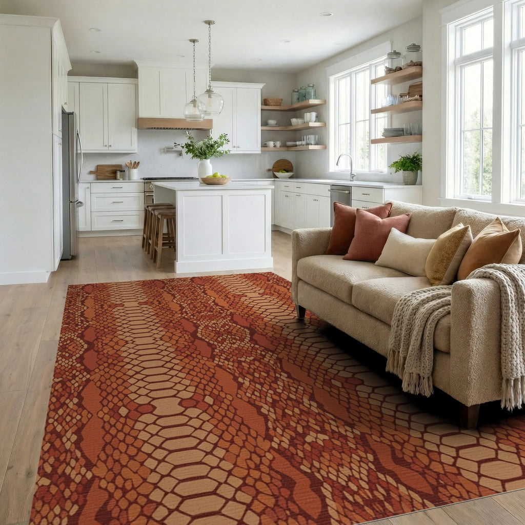 Terracotta Snake Scale Imprint Rug Living Room View