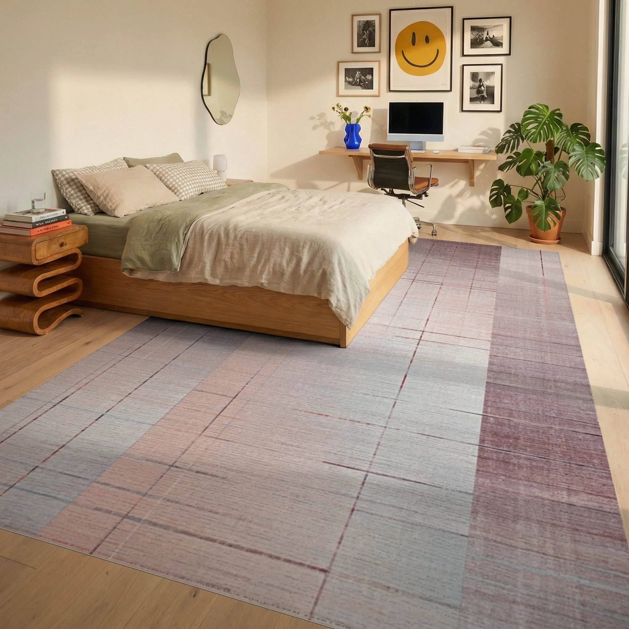 Terracotta Subtle Lined Panel Rug - Bedroom View